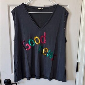 POL Charcoal V-Neck Top with Multicolor Sequin Design